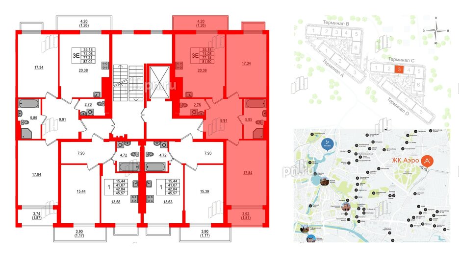 Квартира в ЖК «АЭРО», 2 комнатная, 77.15 м², 7 этаж