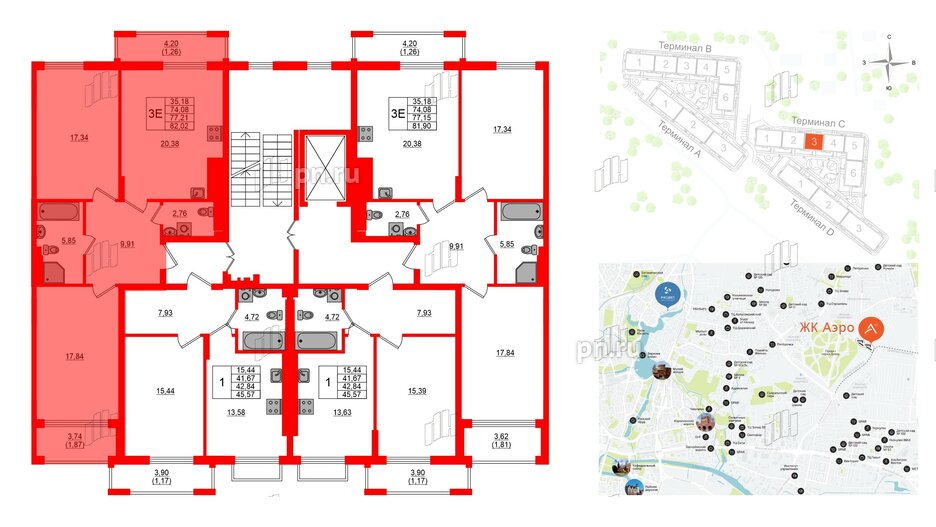 Квартира в ЖК «АЭРО», 2 комнатная, 77.21 м², 2 этаж