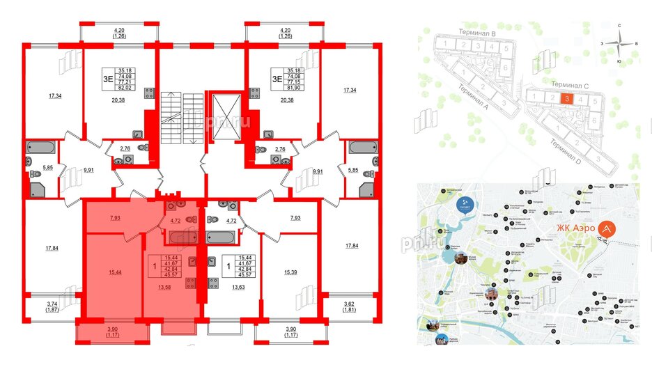 Квартира в ЖК «АЭРО», 1 комнатная, 42.84 м², 6 этаж