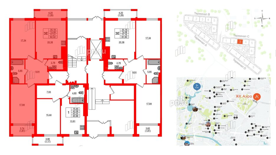 Квартира в ЖК «АЭРО», 2 комнатная, 77.21 м², 1 этаж