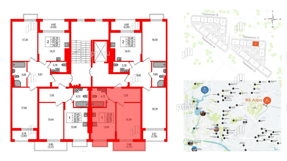 Квартира в ЖК «АЭРО», 1 комнатная, 42.84 м², 7 этаж