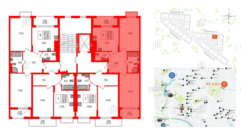 Квартира в ЖК «АЭРО», 2 комнатная, 69.1 м², 7 этаж