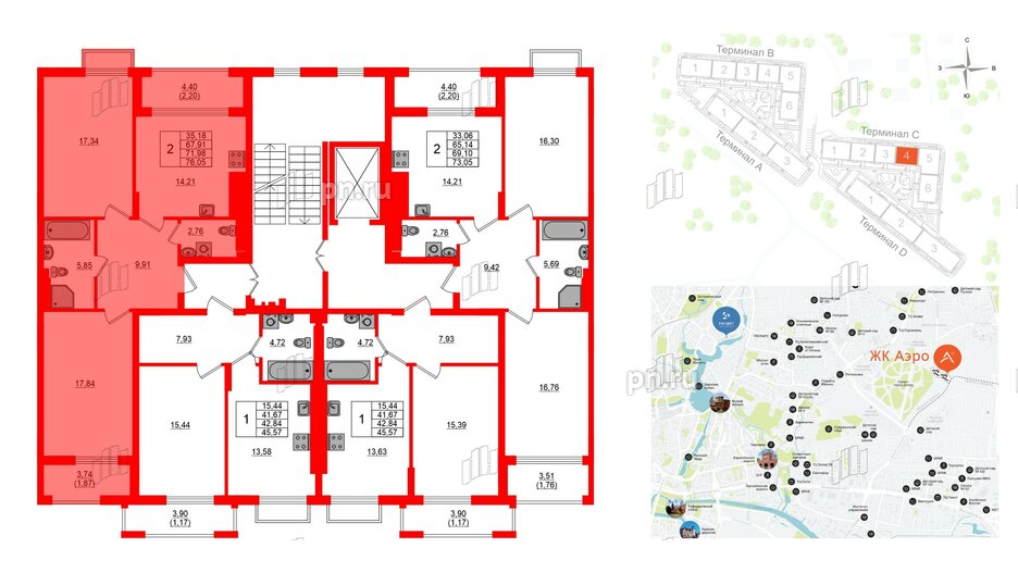 Квартира в ЖК «АЭРО», 2 комнатная, 71.98 м², 2 этаж