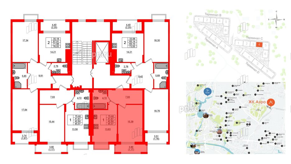 Квартира в ЖК «АЭРО», 1 комнатная, 42.84 м², 5 этаж