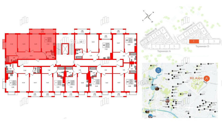 Квартира в ЖК «АЭРО», 3 комнатная, 90.21 м², 2 этаж