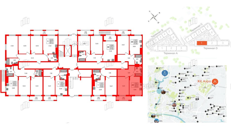 Квартира в ЖК «АЭРО», 1 комнатная, 44.7 м², 1 этаж