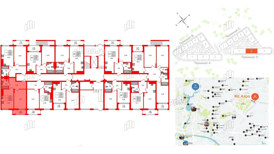 Квартира в ЖК «АЭРО», 1 комнатная, 42.89 м², 1 этаж