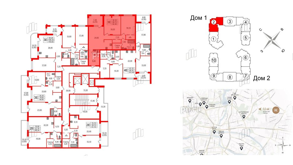 Квартира в Проект «RусскаЯ ЕвропА» ЖК «Вдохновение», 2 комнатная, 92.4 м², 3 этаж