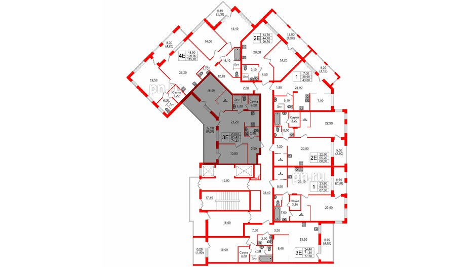 Квартира в Проект «RусскаЯ ЕвропА» ЖК «Вдохновение», 2 комнатная, 74.2 м², 4 этаж