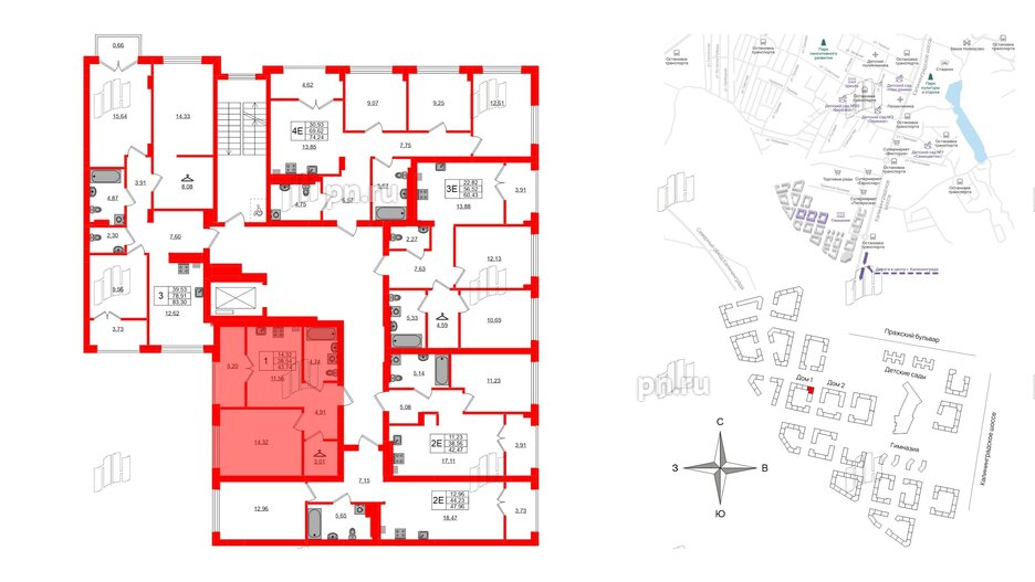 Квартира в ЖК «Включи», 1 комнатная, 43.74 м², 2 этаж