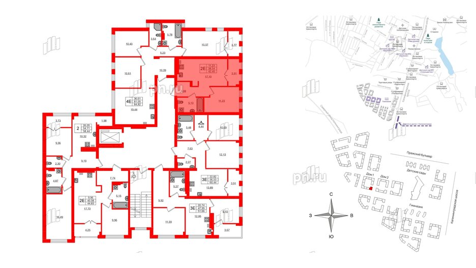 Квартира в ЖК «Включи», 1 комнатная, 42.45 м², 2 этаж