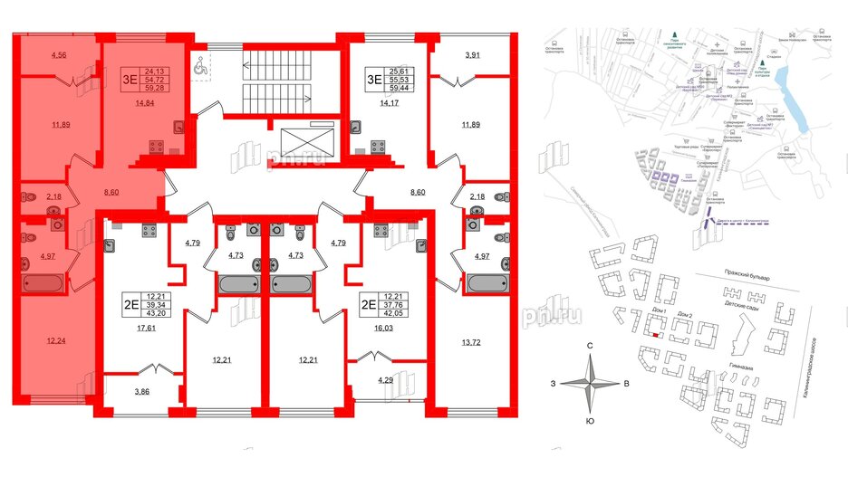 Квартира в ЖК «Включи», 2 комнатная, 59.28 м², 3 этаж