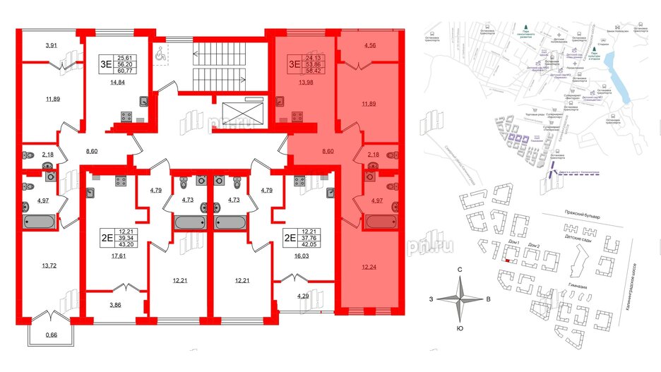 Квартира в ЖК «Включи», 2 комнатная, 58.42 м², 2 этаж