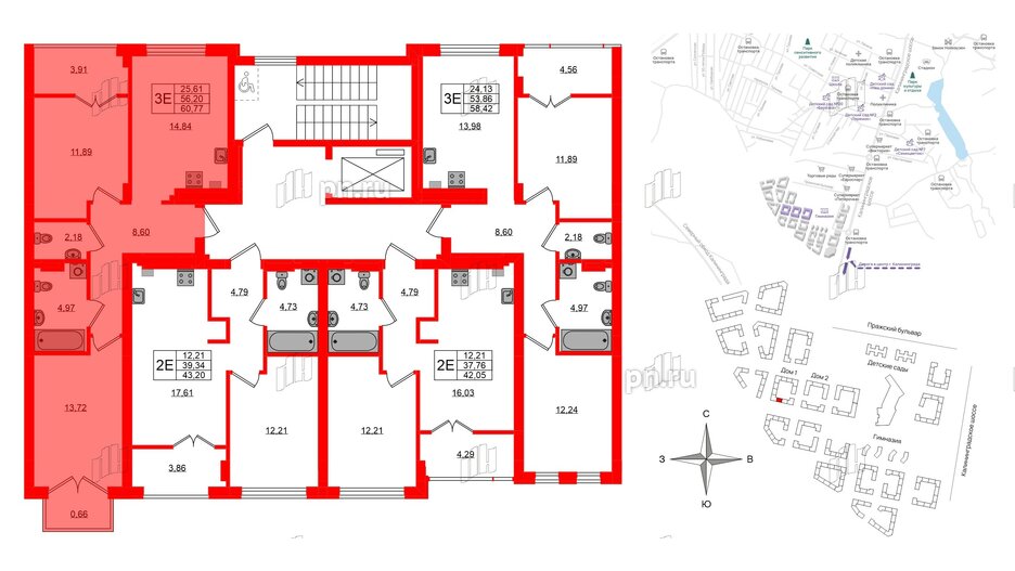 Квартира в ЖК «Включи», 2 комнатная, 60.77 м², 6 этаж