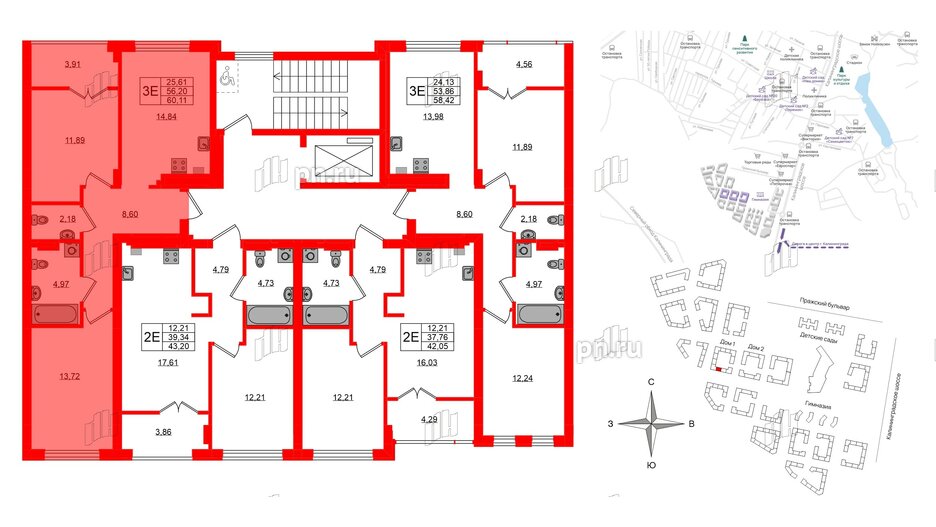 Квартира в ЖК «Включи», 2 комнатная, 60.11 м², 3 этаж