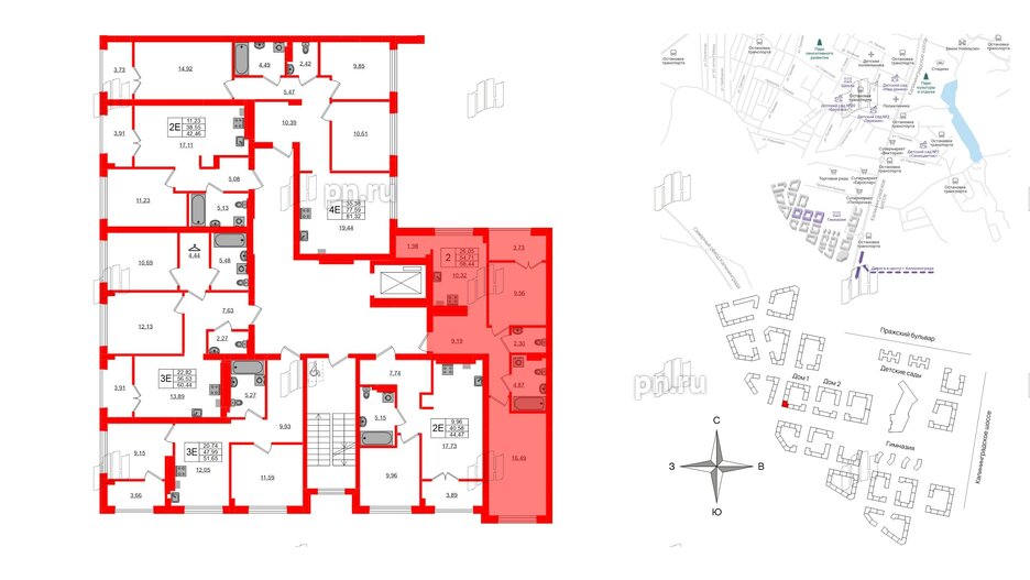 Квартира в ЖК «Включи», 2 комнатная, 58.44 м², 2 этаж