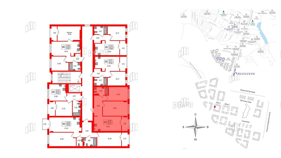 Квартира в ЖК «Включи», 2 комнатная, 65.57 м², 2 этаж