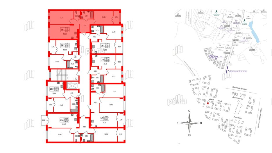 Квартира в ЖК «Включи», 2 комнатная, 66.97 м², 4 этаж