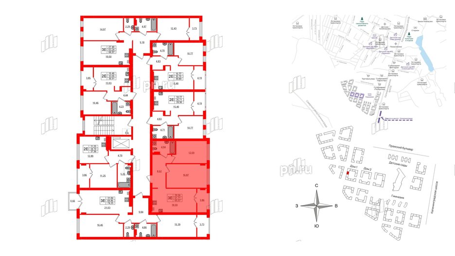 Квартира в ЖК «Включи», 2 комнатная, 65.57 м², 6 этаж