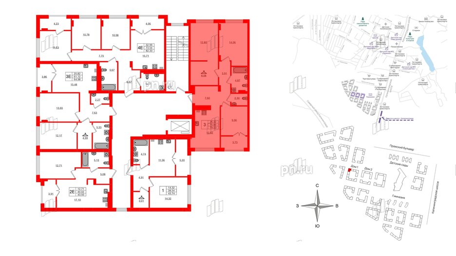 Квартира в ЖК «Включи», 3 комнатная, 79.53 м², 2 этаж