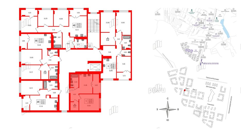 Квартира в ЖК «Включи», 1 комнатная, 43.74 м², 2 этаж