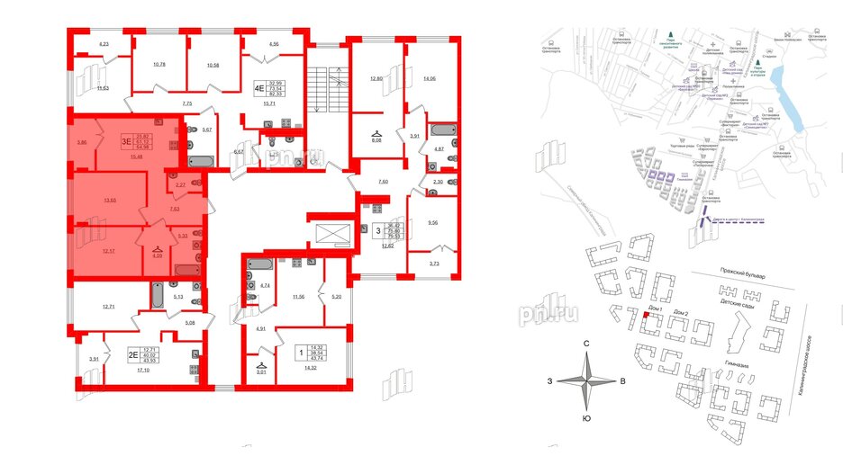 Квартира в ЖК «Включи», 2 комнатная, 64.98 м², 2 этаж