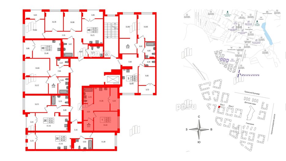 Квартира в ЖК «Включи», 1 комнатная, 43.74 м², 4 этаж