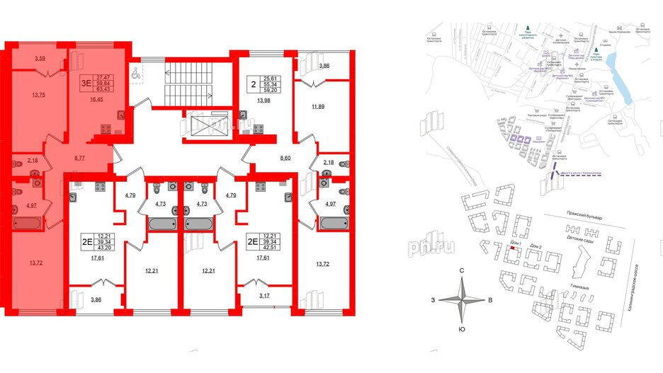 Квартира в ЖК «Включи», 2 комнатная, 63.43 м², 7 этаж