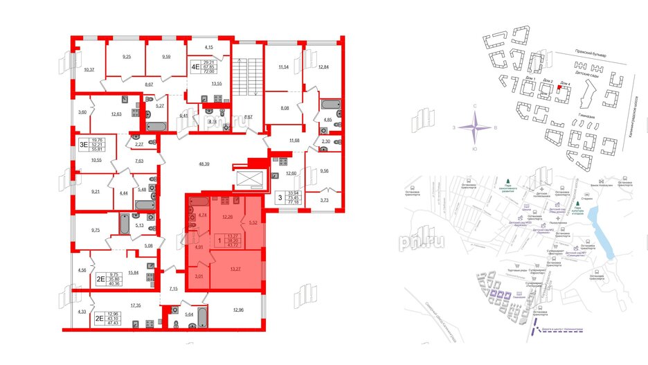 Квартира в ЖК «Включи», 1 комнатная, 43.72 м², 7 этаж