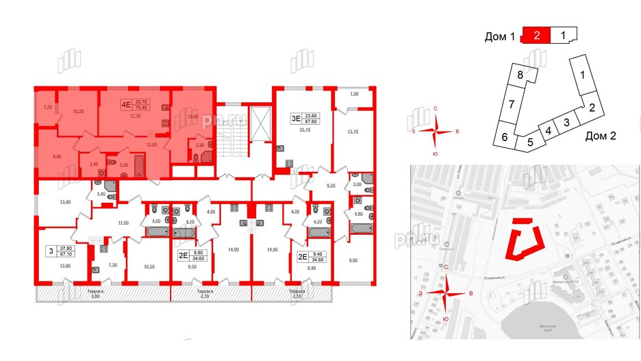 Квартира в ЖК «Дом на Красной», 3 комнатная, 75.4 м², 8 этаж