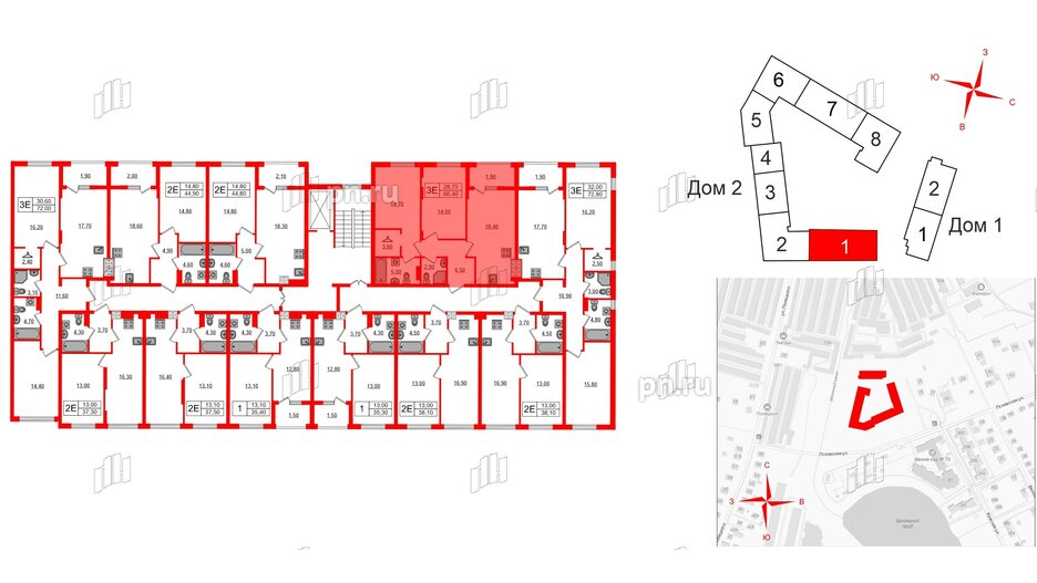 Квартира в ЖК «Дом на Красной», 2 комнатная, 66.4 м², 2 этаж