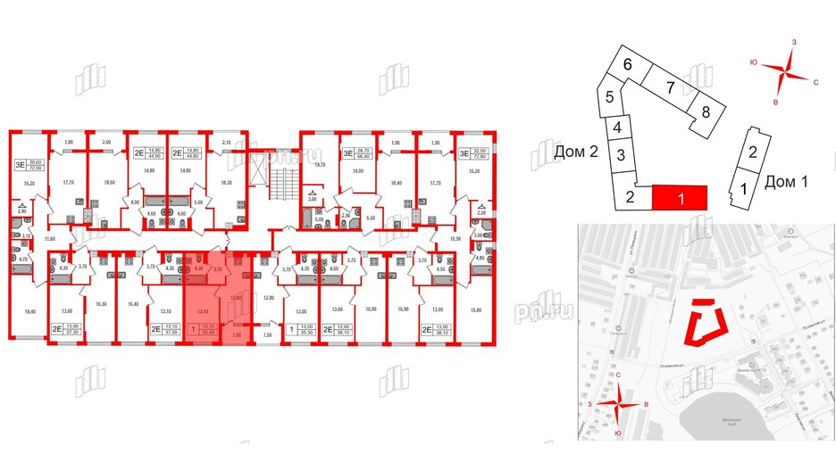 Квартира в ЖК «Дом на Красной», 1 комнатная, 35.4 м², 2 этаж