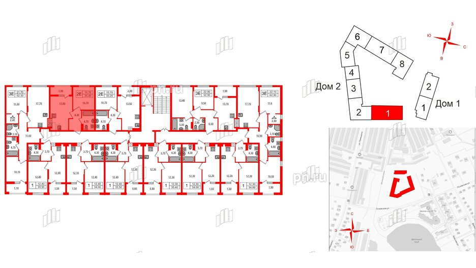 Квартира в ЖК «Дом на Красной», 1 комнатная, 35.4 м², 8 этаж