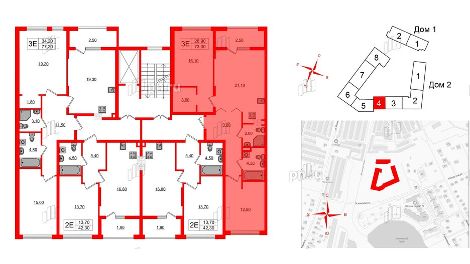 Квартира в ЖК «Дом на Красной», 2 комнатная, 73 м², 2 этаж