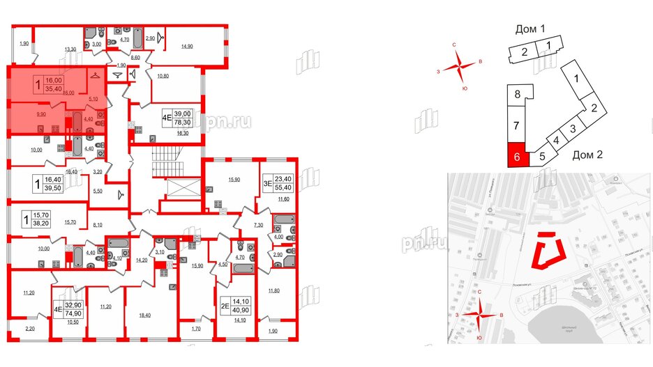 Квартира в ЖК «Дом на Красной», 1 комнатная, 35.4 м², 3 этаж