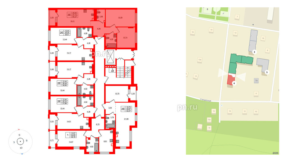 Квартира в ЖК «Новая история», 2 комнатная, 60.27 м², 1 этаж