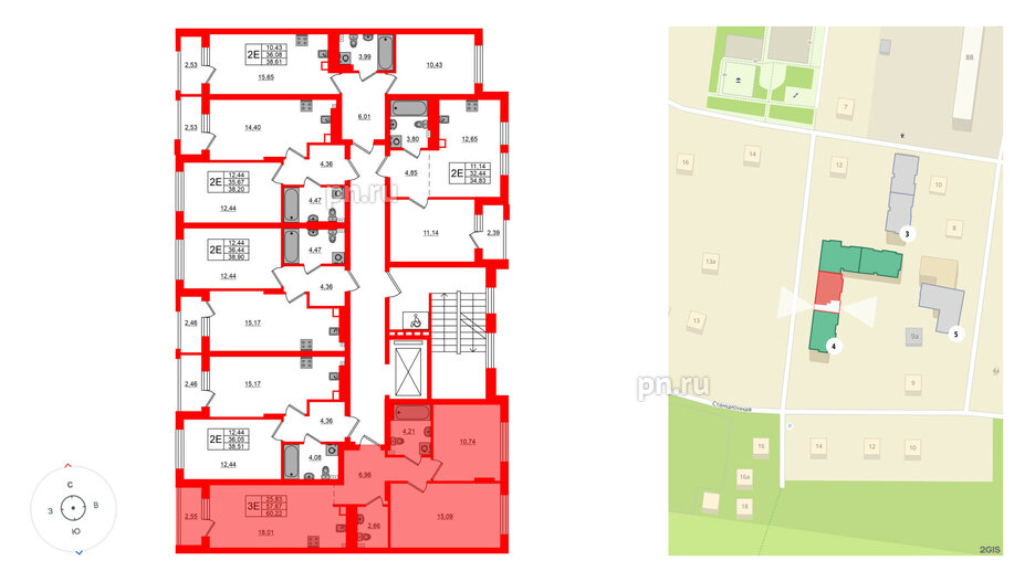 Квартира в ЖК «Новая история», 2 комнатная, 60.22 м², 2 этаж