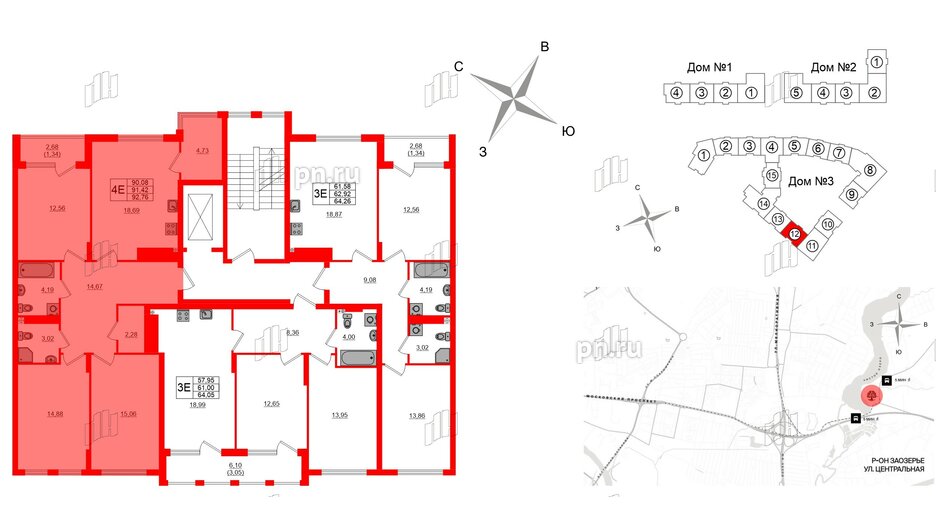 Квартира в ЖК «Расцвет Парк», 3 комнатная, 91.42 м², 3 этаж