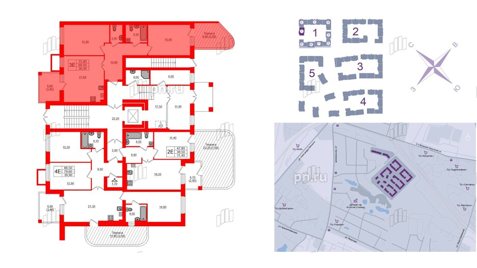 Квартира в ЖК «Сиреневый бульвар», 2 комнатная, 76.5 м², 1 этаж