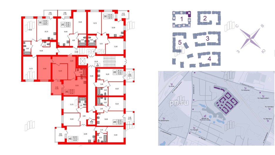 Квартира в ЖК «Сиреневый бульвар», 1 комнатная, 67.4 м², 2 этаж