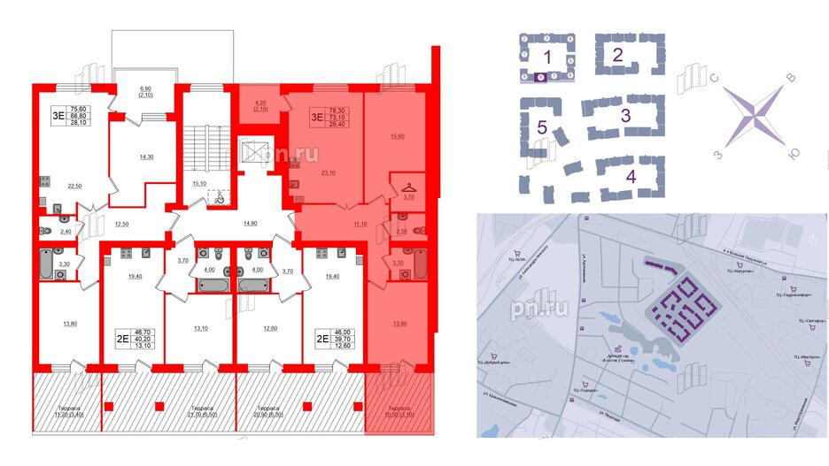 Квартира в ЖК «Сиреневый бульвар», 2 комнатная, 78.3 м², 2 этаж