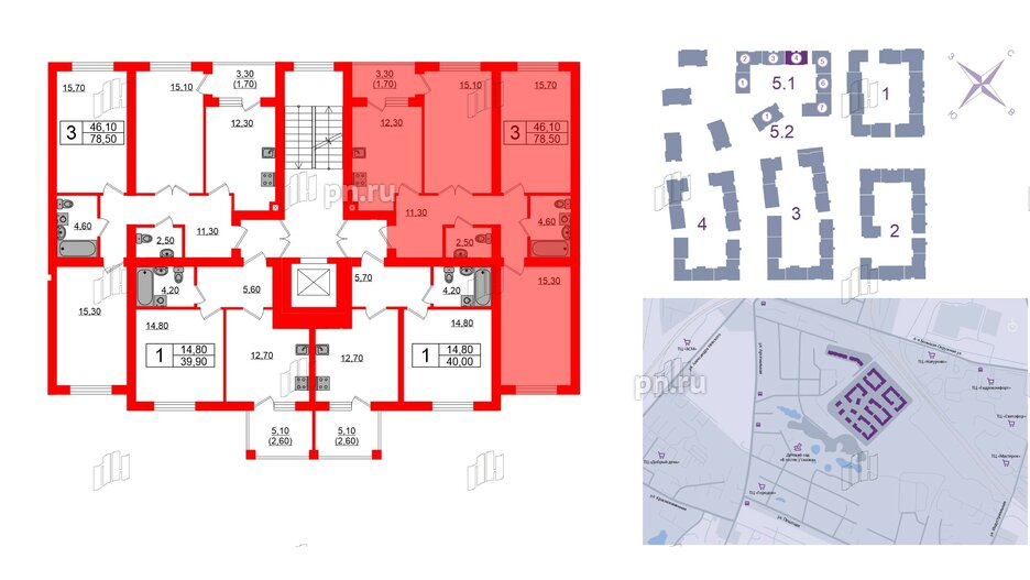 Квартира в ЖК «Сиреневый бульвар», 3 комнатная, 78.5 м², 4 этаж