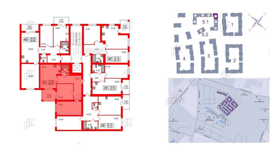 Квартира в ЖК «Сиреневый бульвар», 2 комнатная, 68.6 м², 3 этаж