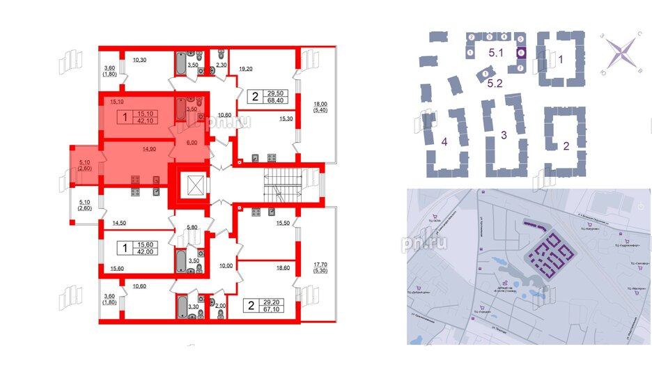 Квартира в ЖК «Сиреневый бульвар», 1 комнатная, 42.1 м², 2 этаж