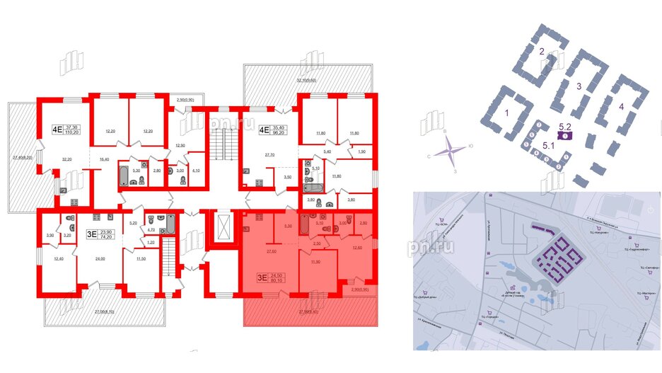 Квартира в ЖК «Сиреневый бульвар», 2 комнатная, 80.1 м², 1 этаж