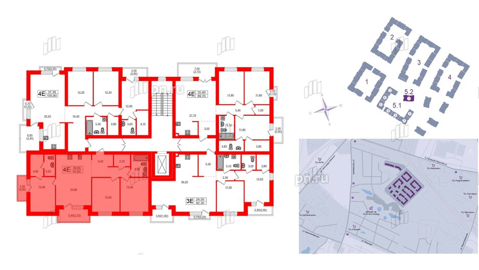 Квартира в ЖК «Сиреневый бульвар», 3 комнатная, 93.6 м², 2 этаж