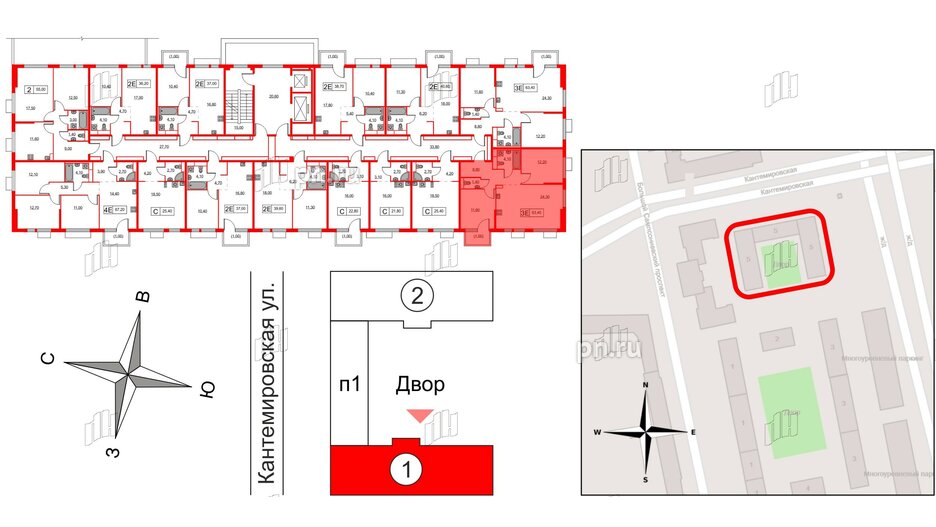 Квартира в ЖК Кантемировская 11, 2 комнатная, 63.4 м², 2 этаж
