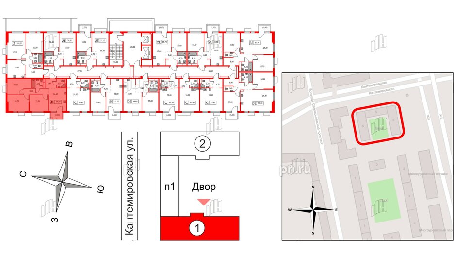 Квартира в ЖК Кантемировская 11, 3 комнатная, 67.2 м², 2 этаж