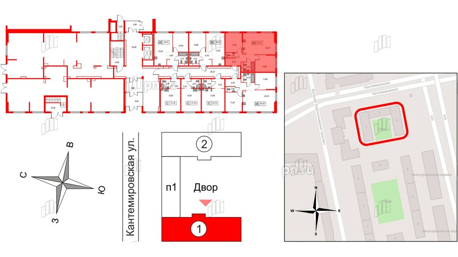 Квартира в ЖК Кантемировская 11, 2 комнатная, 60.3 м², 1 этаж