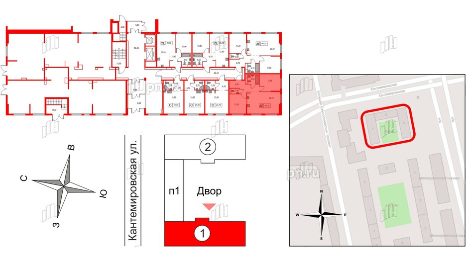 Квартира в ЖК Кантемировская 11, 2 комнатная, 60.3 м², 1 этаж